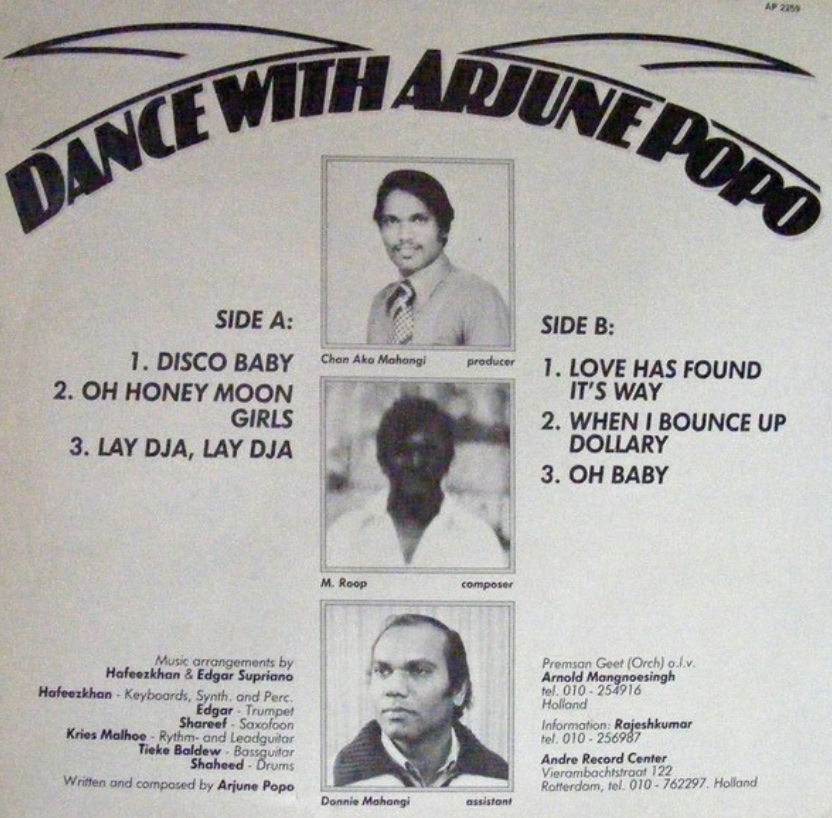 Back cover of Dance With Arjune Popo with the tracklist, photos of the producer, composer and assistant, and the musician credits