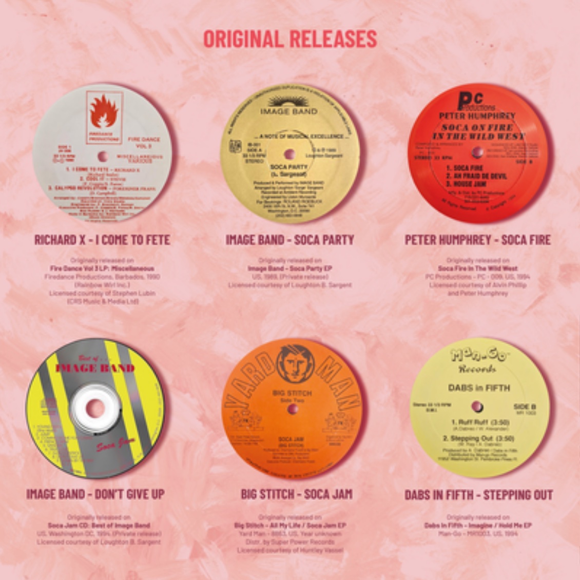 The six original record labels and CD behind the compilation, with release details for each track